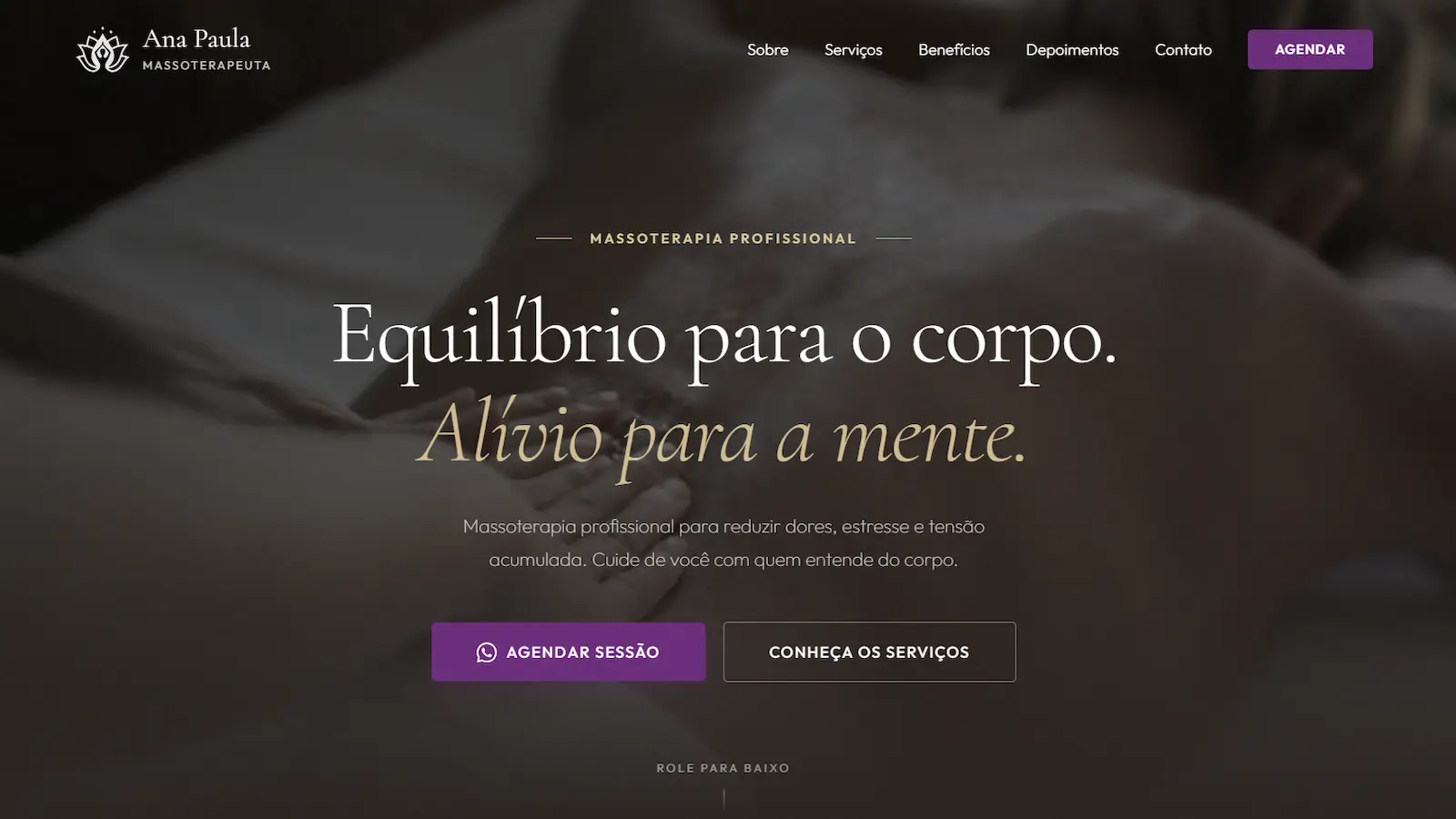 Print da página inicial da ANA Massoterapia